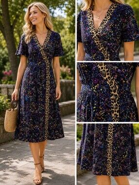 Maeve Anthropologie Floral Leopard Print Midi Dress Mixed Media V-Neck 2
